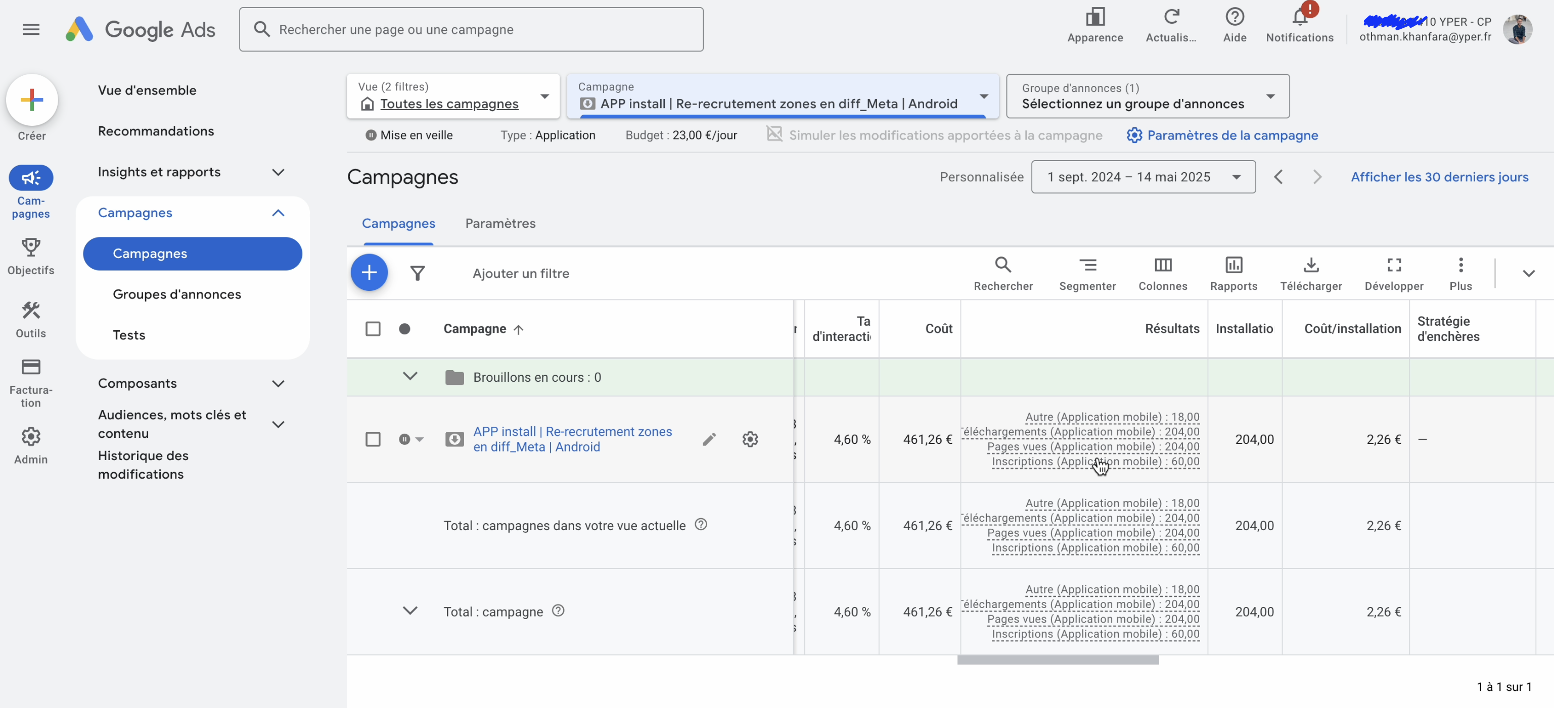 Google App Install « re-recrutement de zones » — 204 installs à 2,26 €.